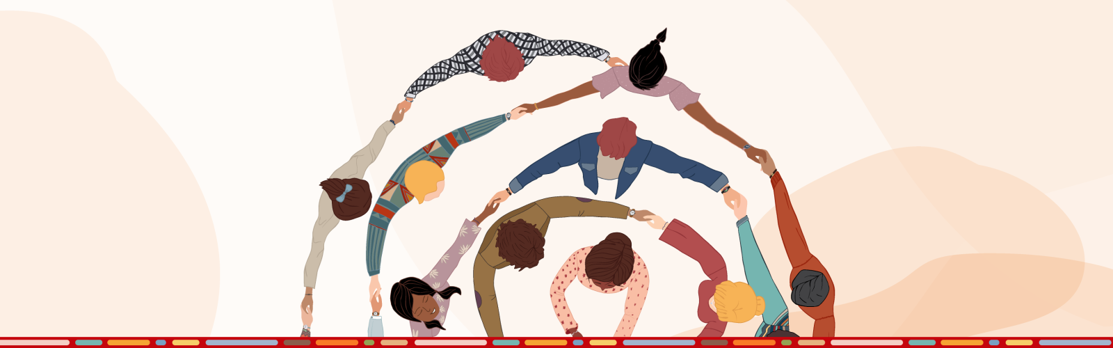 View from above of diverse colorful people holding hands in big spiral