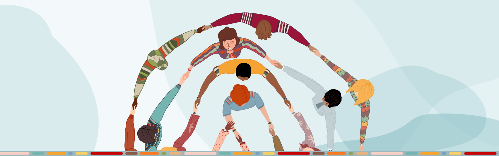 View from above of spiral circles of diverse colorful people