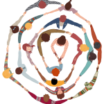 View from above of diverse colorful people holding hands in concentric circles