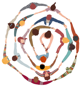 View from above of diverse colorful people holding hands in concentric circles