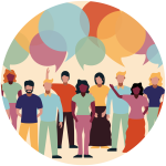 diverse crowd with talk bubbles