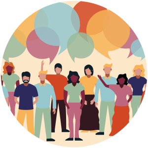 diverse crowd with talk bubbles