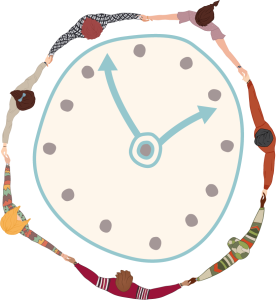 clock with diverse people holding hands around it